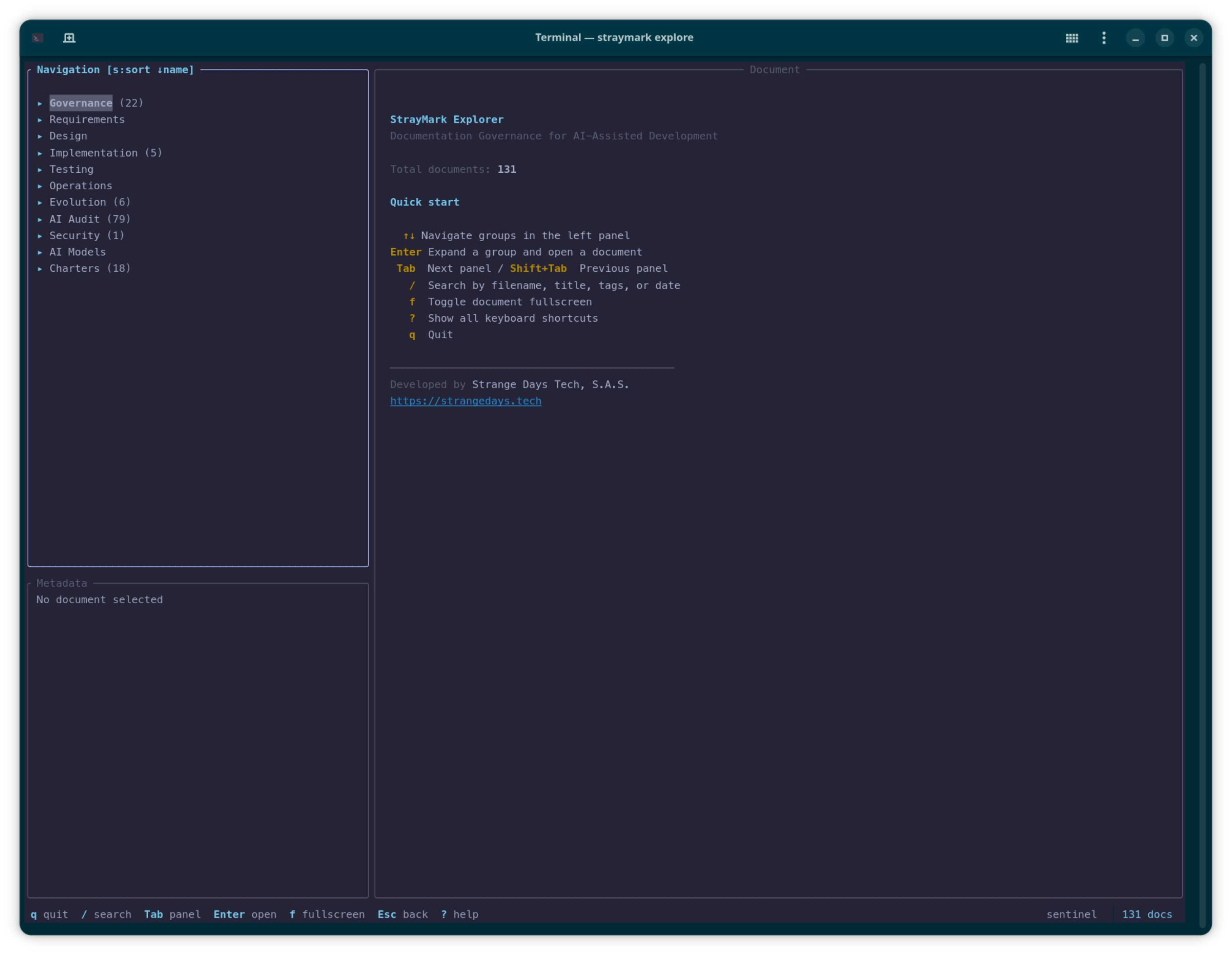 straymark explore — initial Quick start screen with the documentation tree on the left grouped by category.