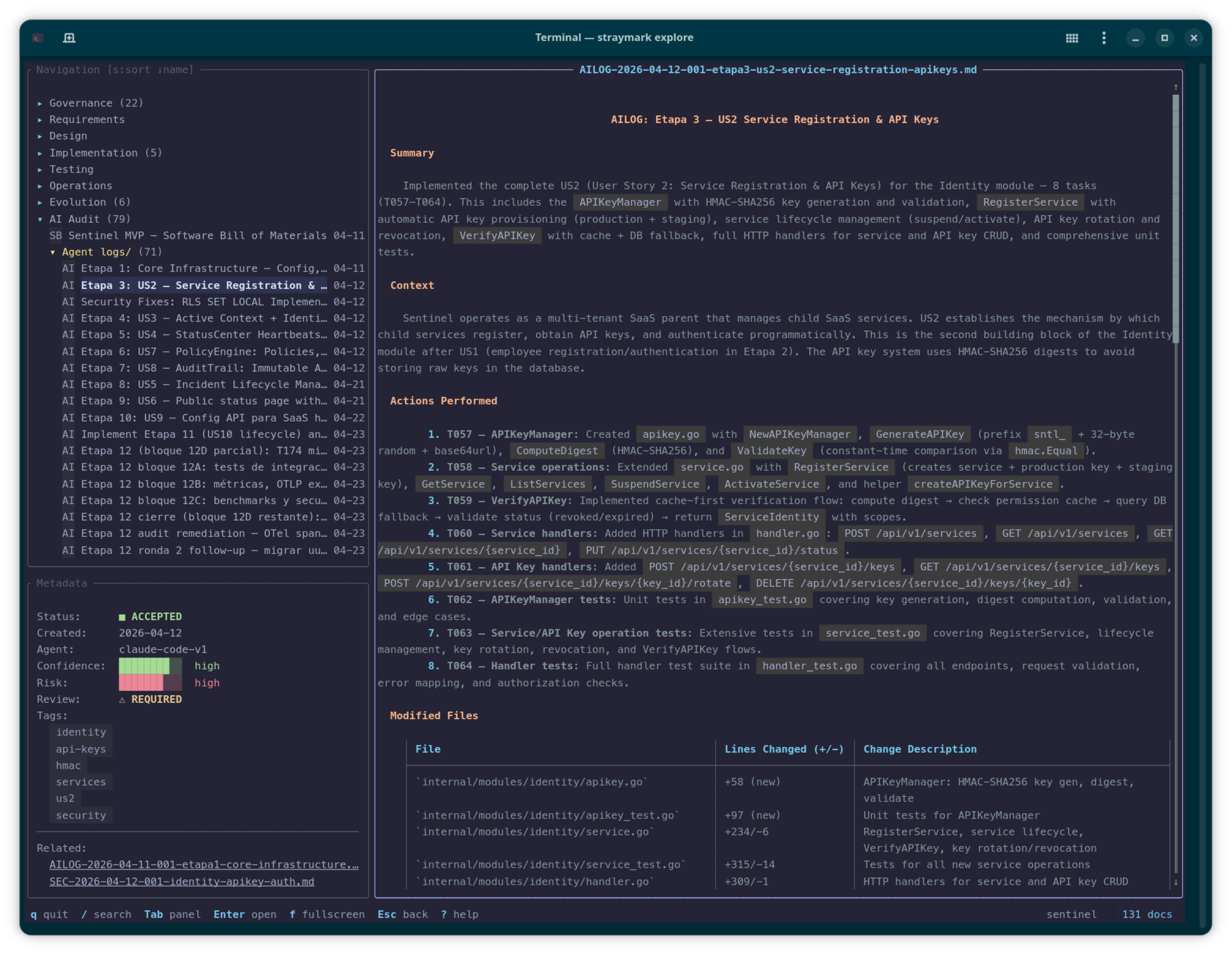 straymark explore showing an open AILOG with the metadata sidebar populated and rendered markdown in the main pane.