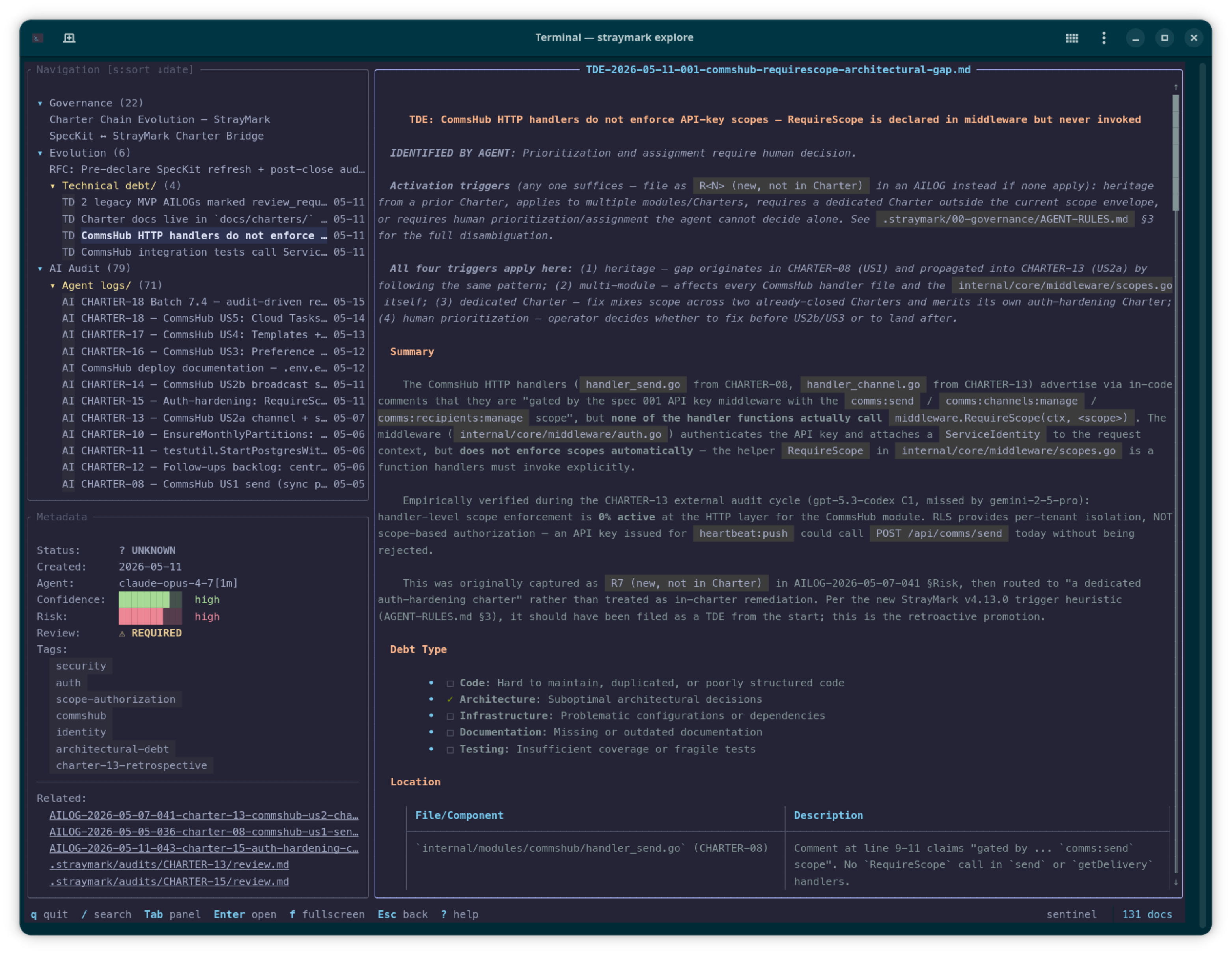 straymark explore displaying a TDE document with its classification and origin Charter.