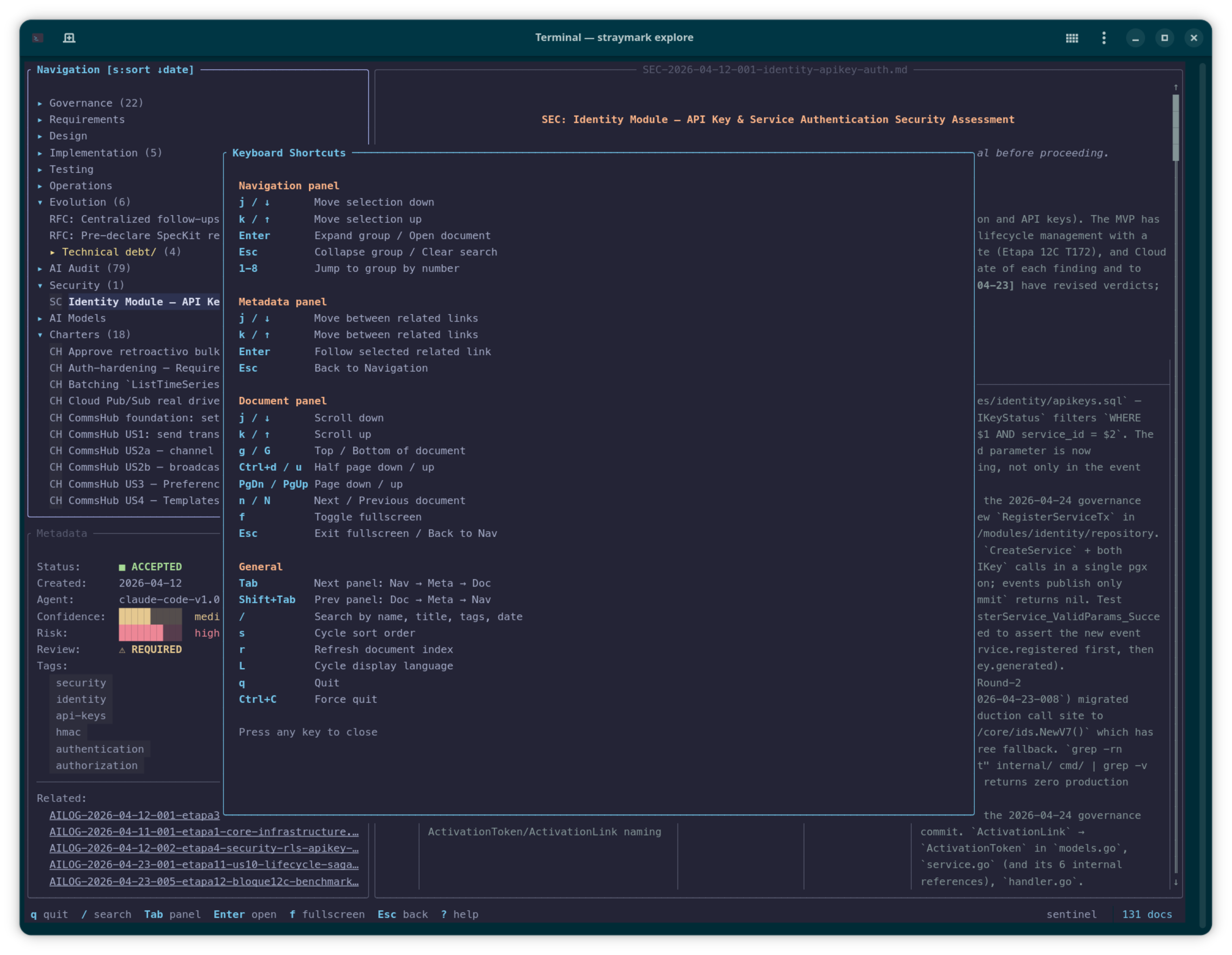 straymark explore showing the keyboard shortcuts help overlay grouped by panel.